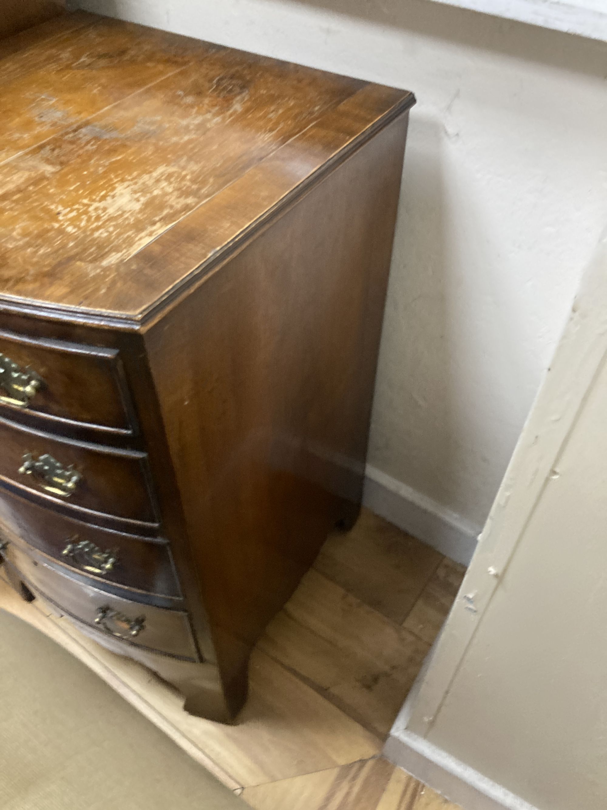 A small Queen Anne style walnut bow-fronted chest of drawers, width 44cm, depth 44cm, height 74cm